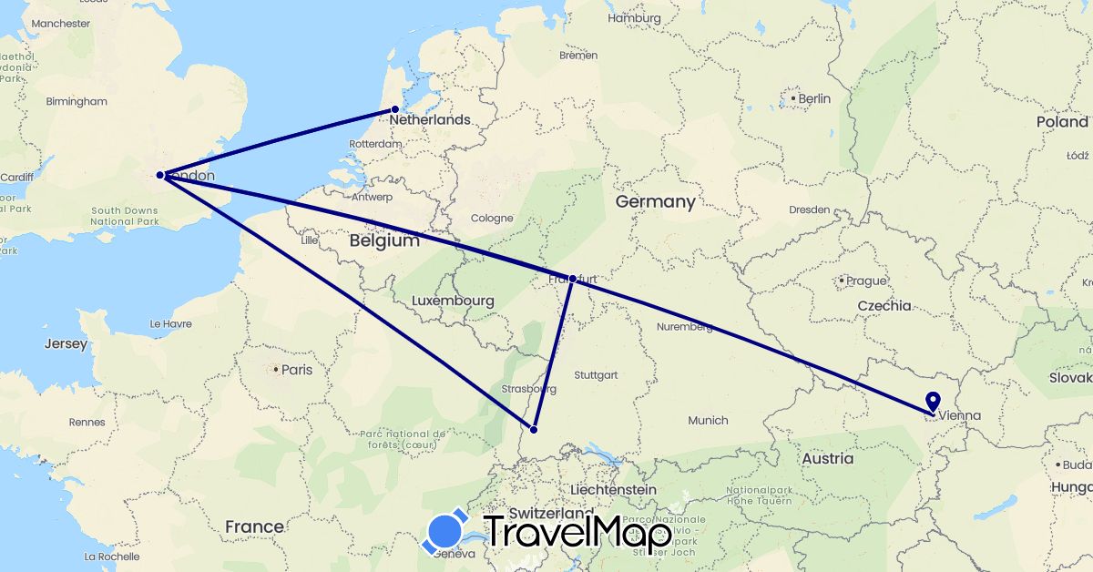 TravelMap itinerary: driving in Austria, Germany, United Kingdom, Netherlands (Europe)